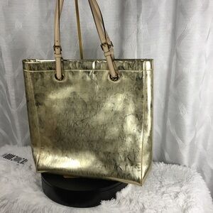 Michael Kors Metallic Gold MK Logo Tote with Adjustable Pale Leather Straps